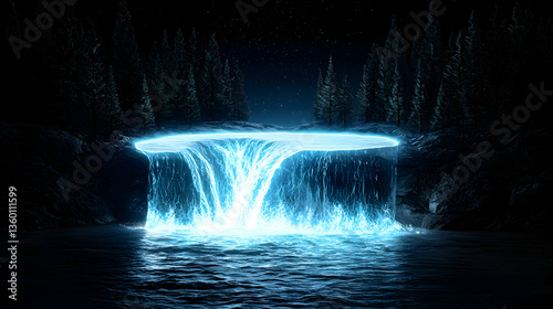 Mystical glowing waterfall cascades into a dark pool surrounded by trees. Ideal for fantasy art or themed decor invoking serenity and wonder. Create a captivating atmosphere.