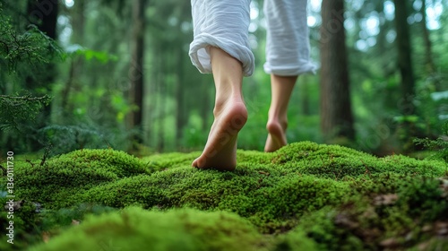 A woman is walking barefoot through a forest