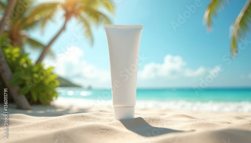 White cosmetic tube sunblock, sunscreen mock up stands on sand on tropical beach. Concept of summer skin protection from ultraviolet rays. Vacation holiday, beach scene with palms, ocean.