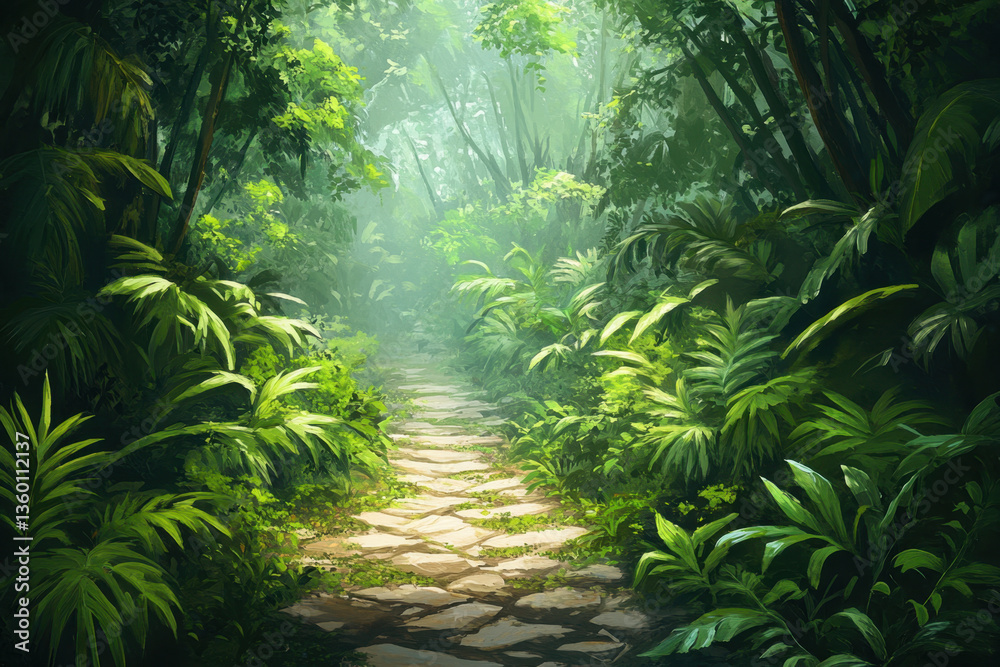 Fototapeta premium Path through jungle: Lush green foliage surrounds a narrow trail, sunlight filtering through dense canopy, inviting exploration and adventure.