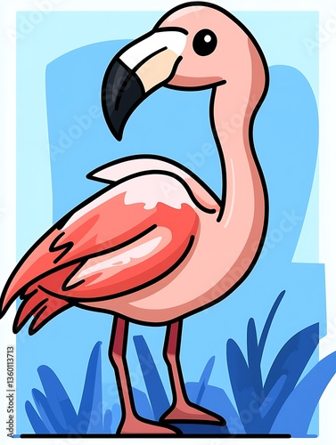 A stylized cartoon illustration of a pink flamingo standing upright