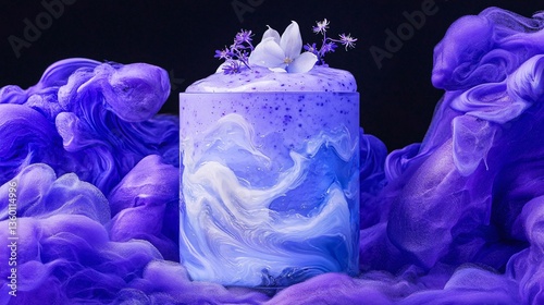 Purple treat adorned with flower accents, surrounded by swirling ink cloud