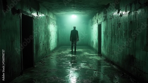 Gloomy hallway, man walking