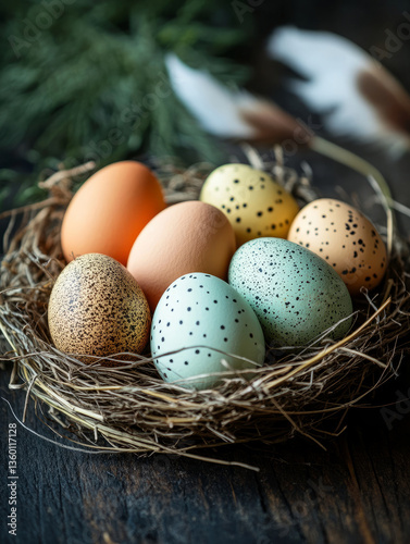 Colorful speckled eggs in a nest with greenery background.