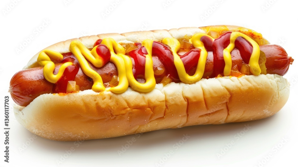 Fast food hot dog with sausage, yellow mustard and tomato ketchup on bright background Fast food hot dog with sausage, yellow mustard and tomato ketchup on bright background