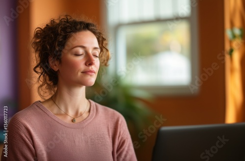 European woman with red hair meditates peacefully in a cozy living room. Eyes closed, surrounded by warm tones and natural light. A quiet moment of mindfulness and harmony. Free Download European woman with red hair meditates peacefully in a cozy living room. Eyes closed, surrounded by warm tones and natural light. A quiet moment of mindfulness and harmony. - GFXLoad