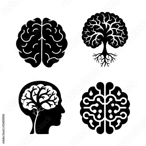 Human Brain Black Silhouette Collection Vector Design 