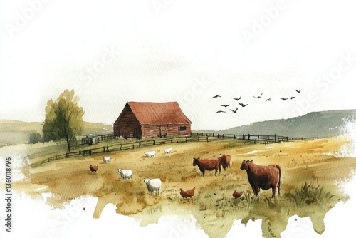 Charming watercolor painting of a farm with cows, chickens, horses, and a peaceful countryside setting Generative AI