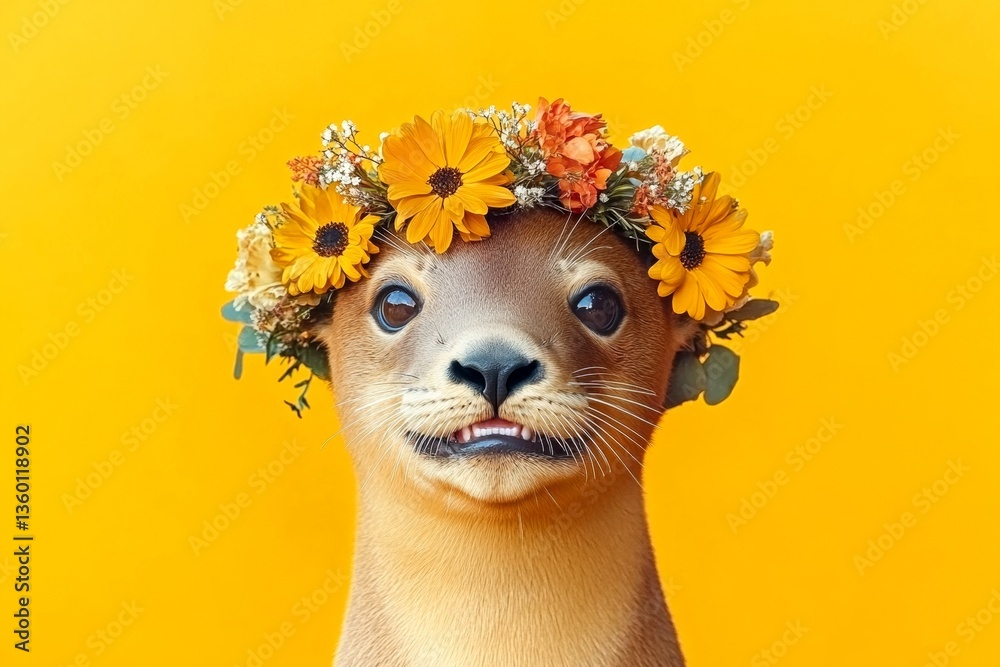 Fototapeta premium Isolated yellow background, copy space, commercial visual idea. Cute baby animal sea lion wearing primal flower crown on its head - symbol of sunny summertime. Animal with floral decorations.