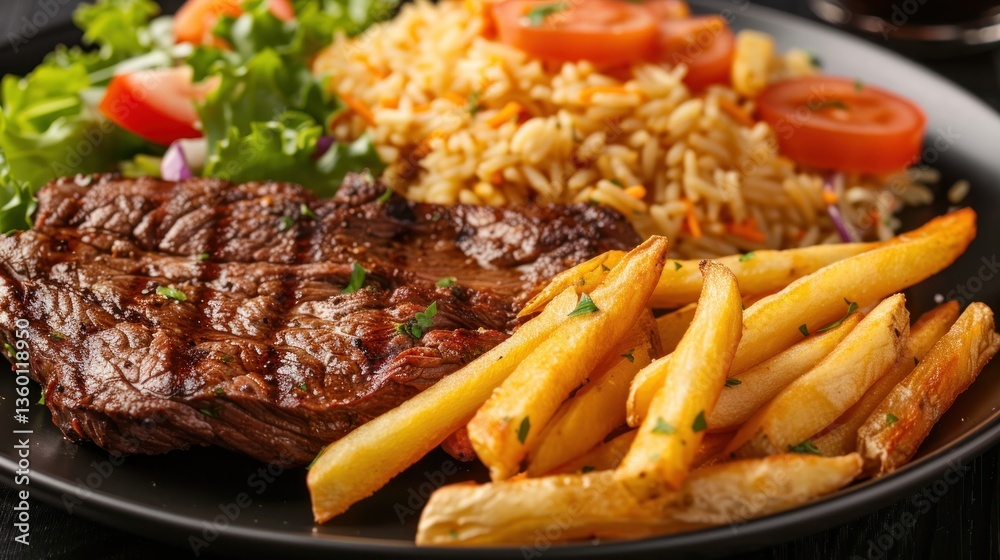 Tasty grilled beef steak with french fries and salad on plate Tasty grilled beef steak with french fries and salad on plate
