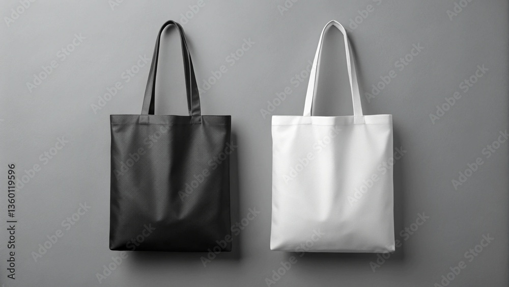bag on white background,White and black tote bags mockup on a grey background. The design is minimalist and elegant, showcasing both tote bags side by side, with their handles clearly visible bag on white background,White and black tote bags mockup on a grey background. The design is minimalist and elegant, showcasing both tote bags side by side, with their handles clearly visible