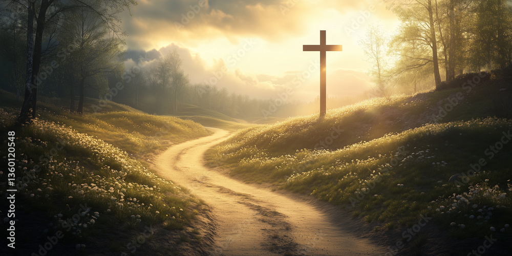 Naklejka premium Spring. Renewal & Resurrection. A peaceful landscape of renewal, where a winding path leads to a cross in soft morning light.