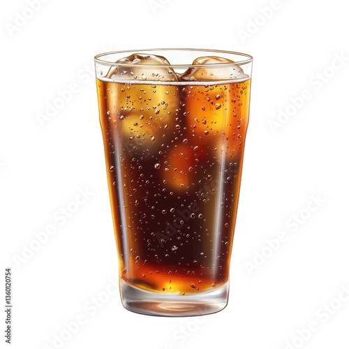 Bubbling Refreshment: An inviting glass of dark, bubbly beverage, brimming with ice cubes, captures the essence of refreshment and pure, thirst-quenching pleasure. 