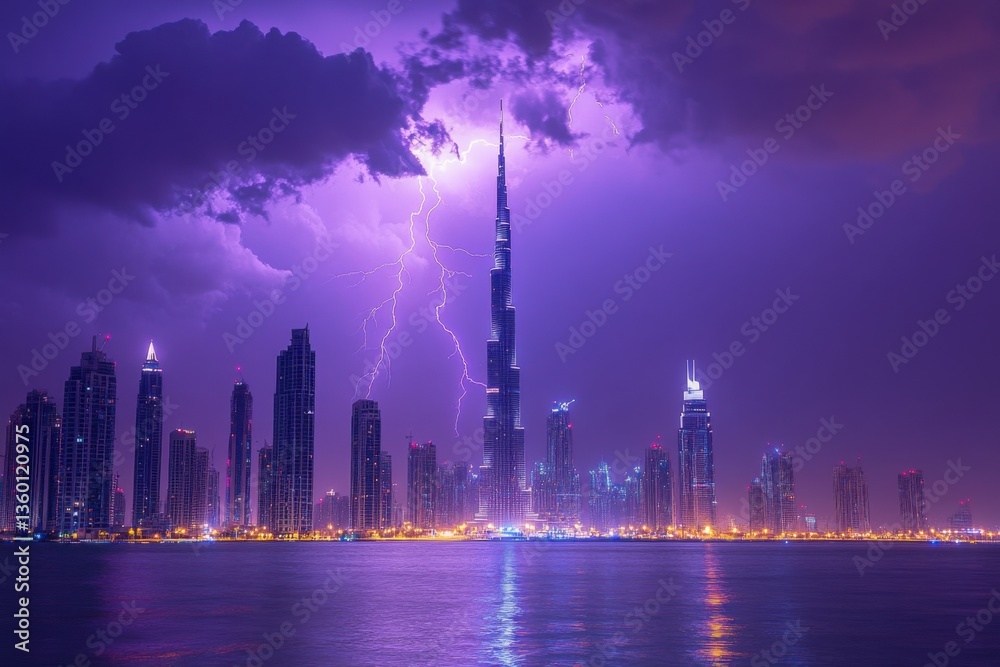 Obraz premium As the metropolitan skyline, the spectacle depicts the peaceful cohabitation of vibrant city life with the thunderous might of lightning. Generative Ai