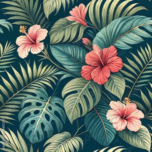 Seamless tropical foliage pattern, lush greens with vibrant hibiscus and palm leaves, celebrating summer lushness with copy space  