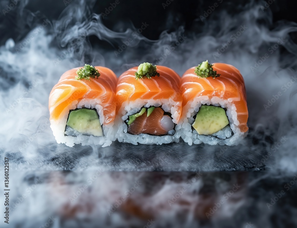 Naklejka premium Three Salmon Avocado Sushi Rolls Garnished with Green Topping on Dark Surface with Smoke