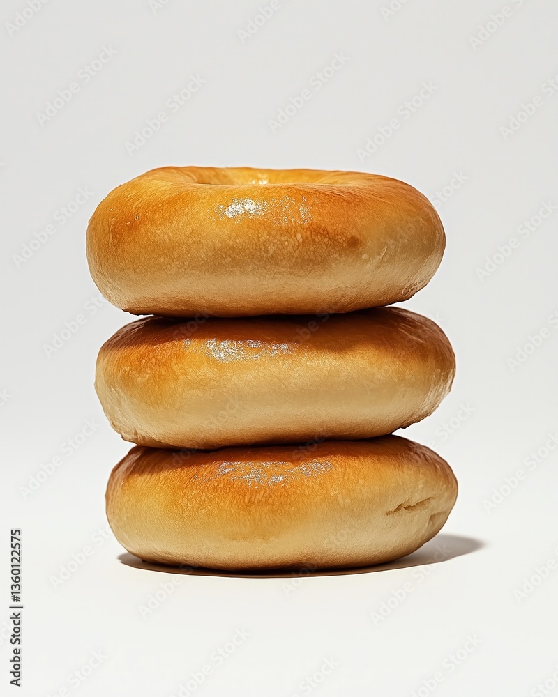 Obraz premium Stack of Three Plain Bagels on White Background in Simple Close-up Studio Shot