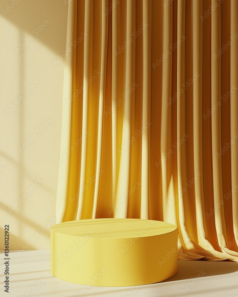 Fototapeta premium Minimalist Yellow Product Display Podium with Curtain and Sunlight, Simple and Clean Design, Copy Space