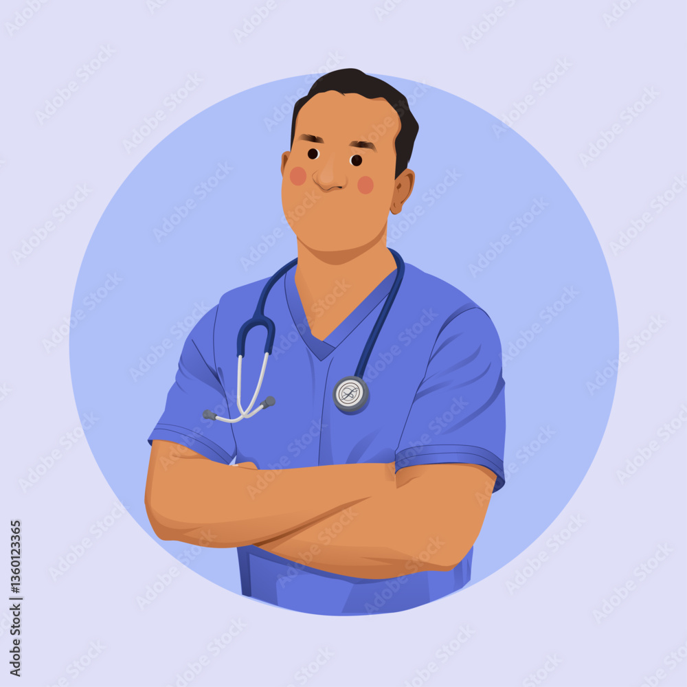 Fototapeta premium Professional male nurse or doctor avatar illustration in blue scrubs.