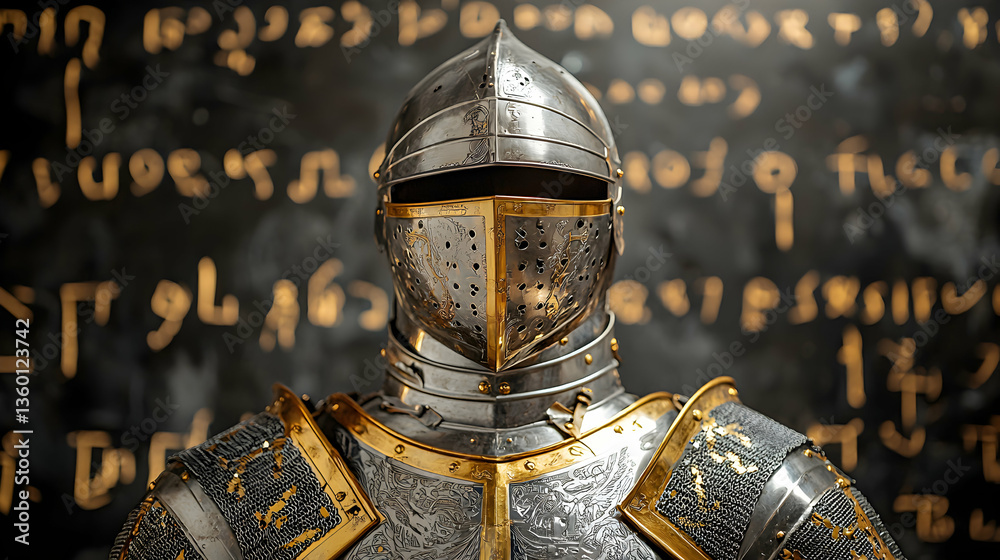 A striking close-up of a knight's armor with gold accents. The detail and craftsmanship are impressive suggesting historical or fantasy themes. Great for art prints or book covers. A striking close-up of a knight's armor with gold accents. The detail and craftsmanship are impressive suggesting historical or fantasy themes. Great for art prints or book covers.