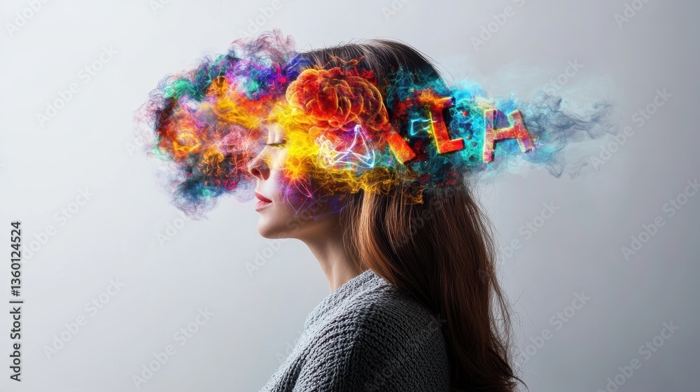 Naklejka premium A stylized profile view of a woman with closed eyes, vibrant colorful smoke rising like a brain, filled with letters and symbols representing thoughts