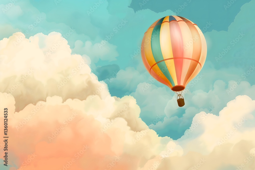 Naklejka premium Hot Air Balloon Above Clouds - Illustration