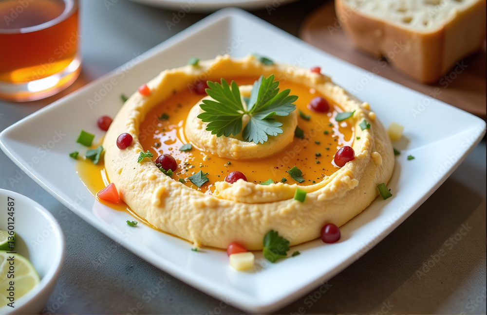 Hummus Is Served On A Square White Plate Garnished With Various Toppings, Offering A Creamy And Flavorful Appetizer Experience Overall. Hummus Is Served On A Square White Plate Garnished With Various Toppings, Offering A Creamy And Flavorful Appetizer Experience Overall.