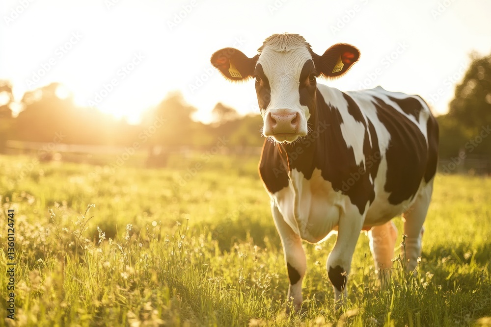 Joyful dairy cow enjoying a sunny day in a lush green meadow under warm golden sunlight Generative AI Joyful dairy cow enjoying a sunny day in a lush green meadow under warm golden sunlight Generative AI