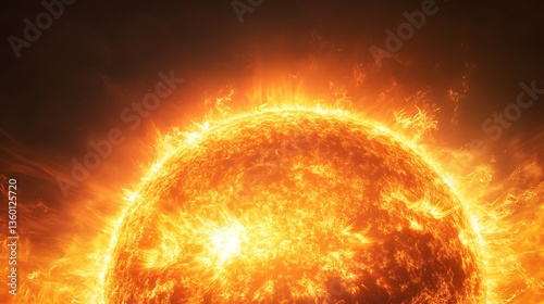 Fiery Sun with Intense Solar Flares, A fiery, glowing sun with intense solar flares and a dark background