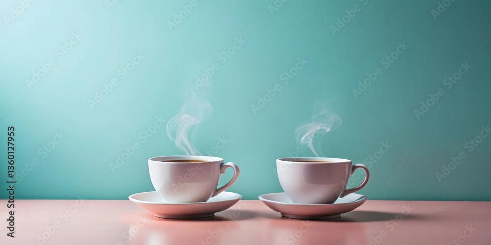 Two steaming cups of hot beverage on a pink surface against a teal background Two steaming cups of hot beverage on a pink surface against a teal background