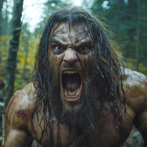 Aggressive Ancient Human-like Neanderthal Man Shouting Wildly