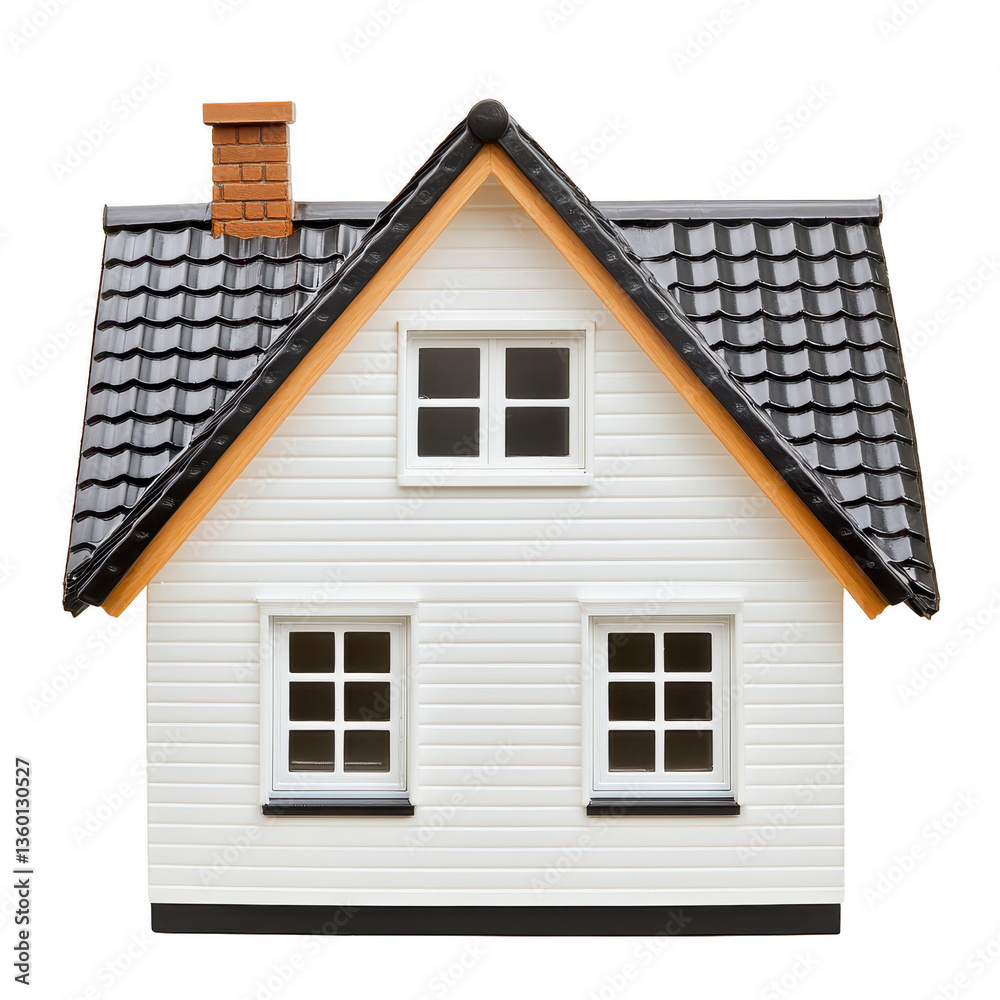 A charming miniature house model with black tiled roof, white siding, and brick chimney, showcasing classic architectural design A charming miniature house model with black tiled roof, white siding, and brick chimney, showcasing classic architectural design