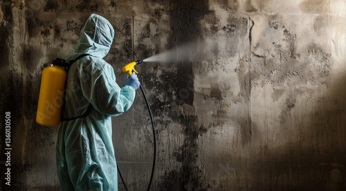 Mold Remediation by Person in Protective Clothing and Mask