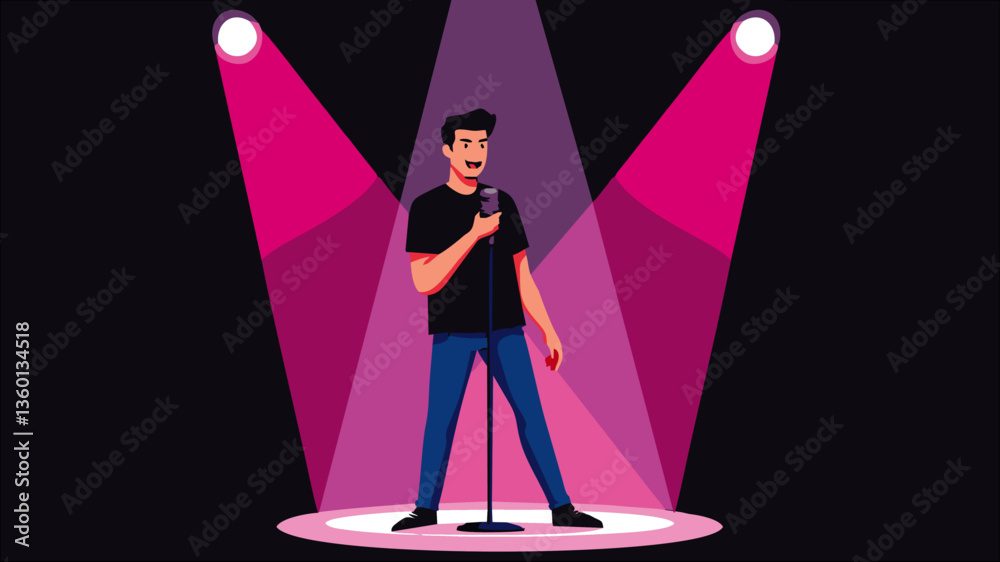 Cantor no palco com microfone sob os holofotes de luz