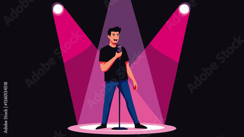 Cantor no palco com microfone sob os holofotes de luz