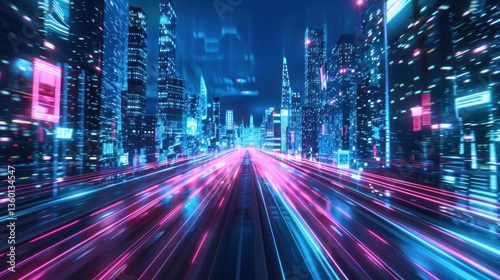 Futuristic skyscraper cyberpunk city with glowing neon highway. AI generated image