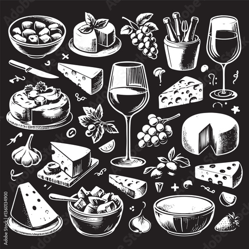 chalk food vector illustrations. wedding dinner icons, wine or champagne glass, cheese, and charcuterie drawings for wedding invitations, cafe menus, and parties
