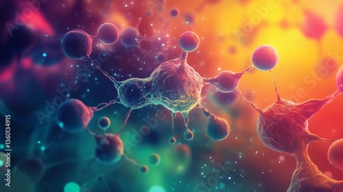 A colorful image of a cell with many small dots. The image is abstract and has a sense of movement