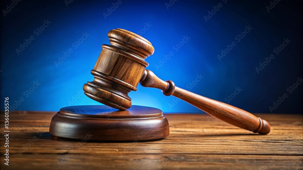 Wooden gavel on a blue table with a dark blue background. Symbol of law, justice, and legal proceedings
Wooden gavel on a blue table with a dark blue background. Symbol of law, justice, and legal proceedings