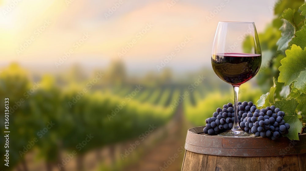 Fototapeta premium A glass of red wine sits on a wooden barrel beside fresh grapes, with a beautiful vineyard scene in the background, creating a serene and inviting atmosphere, Sustainable Living.