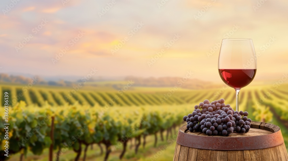 Fototapeta premium A scenic vineyard at sunset featuring a glass of red wine and fresh grapes on a wooden barrel, Sustainable Living.