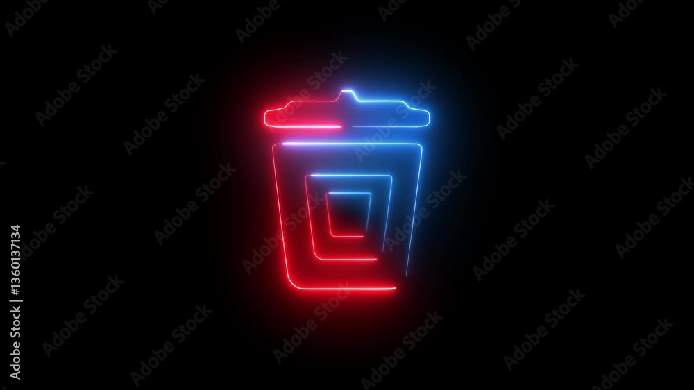 Neon glowing trash can icon isolated, red and blue neon light, dark background, digital art style, futuristic aesthetic Neon glowing trash can icon isolated, red and blue neon light, dark background, digital art style, futuristic aesthetic