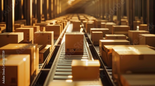 Rows of brown cardboard boxes moving on conveyor belts in factory packaging production. Generated AI