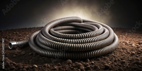 A Coil of Durable Corrugated Piping Resting on Dark Soil