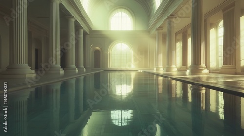 A large  empty swimming pool with a lot of pillars and arches. The pool is very large and empty  with no one in it. Scene is serene and peaceful  as the pool is empty