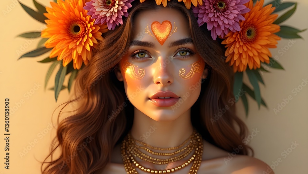 Fototapeta premium Flower-Crowned Person with Intricate Forehead Design and Wavy Hair