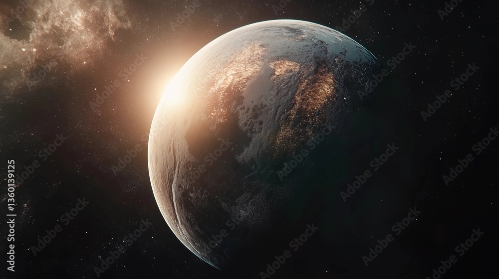 Obraz premium A planet with a bright sun in the background. The planet is surrounded by a lot of stars
