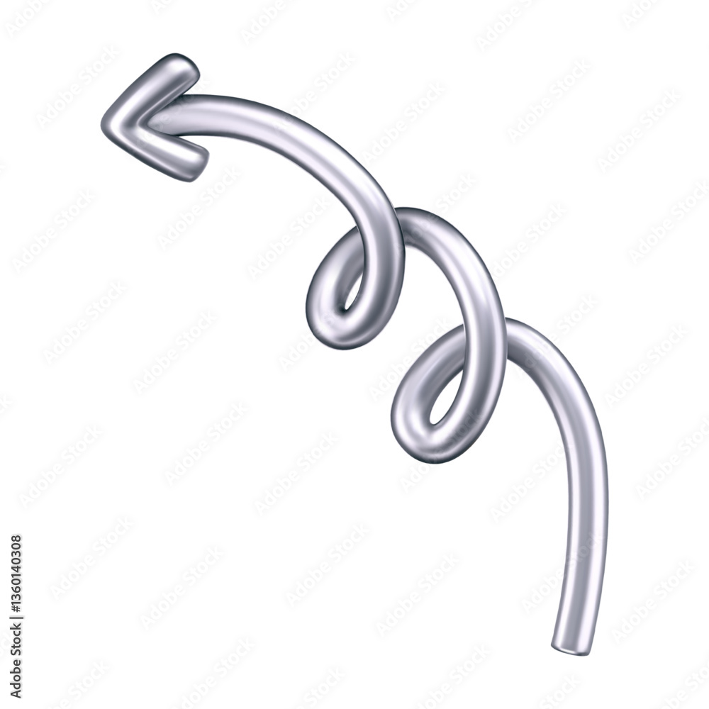 Obraz premium 3D chrome doodle arrow in Y2K style, isolated on a dark background. Render of 3D chrome liquid curve and swirl arrow, rotating up, down, and right with a metal silver effect. 3D vector Y2K figure
