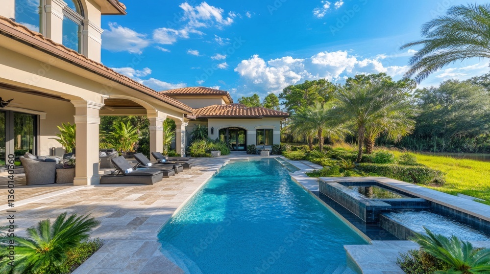 Fototapeta premium Relaxing poolside retreat luxurious villa photography serene environment outdoor view tranquility and comfort