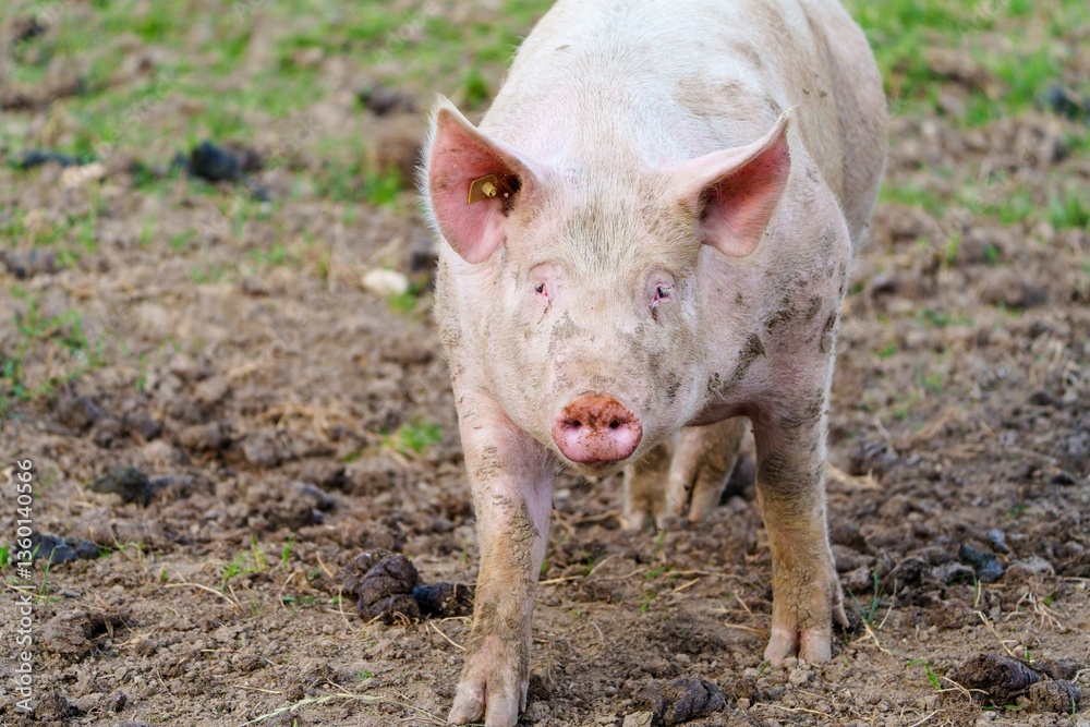 The pig is standing on a farm, looking at the camera with an adorable expression. This pink pig has a curly tail and is surrounded by a vibrant green field and tall trees in the distance. The pig is standing on a farm, looking at the camera with an adorable expression. This pink pig has a curly tail and is surrounded by a vibrant green field and tall trees in the distance.